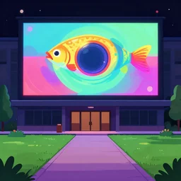 entrance to a building with a path on the lawn, a giant screen, at night, vibrant colors, fish lens, 2d, flat style, by by greg rutkowski