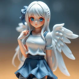 the most beautiful anime figurine of a gorgeous arctic angelic beautiful girl wearing a top and skirt, casual elegant clothes, blue moe eyes, angelic detail
