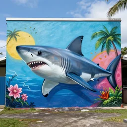 great white shark hawaiian theme as graffiti mural by lee, masterpiece, trending on artstation
