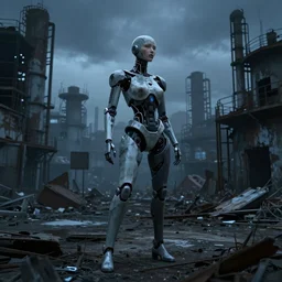 photo of a biomorphic female cyborg in a desolate abandoned post-apocalyptic industrial city at night, moody blue lighting