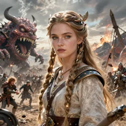 Beautiful viking princess of the world destroying a toothy monster on a battlefield of destruction by Tsutomu Nihei, by Emil Melmoth, by stuz0r, Craig Mullins, yoji shinkawa, cross, artstation, peter morbacher, young, very attractive, pretty face, hyper detailed, very detailed, rendering by octane,