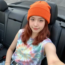 girl with chestnut hair lounging in a convertible car wearing an orange beanie and a faded tie-dye sleeveless shirt, selfie, hands in lap, face-forward, faint smile