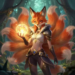 portrail | ahri!!!!!! | holding a glowing ball | the nine - tailed!!! fox | handbok!!! | mystical forest | fantasy | league of lengeds | very detailed | digital | by yuumei | by wlop