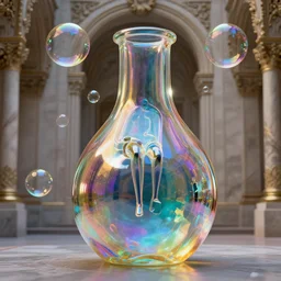 sitting on an unfinished klein bottle sculptural, chroma iridescence, colors, glassy, reflective and refractive, soap bubbles floating, detailed baroque architecture background