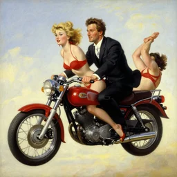 a man in a suit and a woman in a red bikini on a flying motorcycle, painted by carl spitzweg, norman rockwell, trending on artstation
