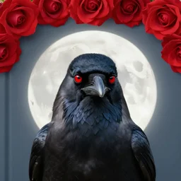 portrait, A proud crow with red eyes in front of the full big moon, book cover, red roses at the top, red white black colors, establishing shot, extremly high detail, foto realistic, cinematic lighting, pen and ink, intricate line drawings, by Yoshitaka Amano, Ruan Jia, Kentaro Miura, Artgerm, post processed, digital art, artstation, matte painting, style by eddie mendoza, raphael lacoste, alex ross