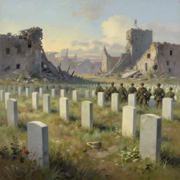 will you be with me forever, graves of soldiers against the background of a destroyed city, the chechen war, painting by craig mullins, octane rendering, soft morning lighting, wide angle lens, in the style of hayao miyazaki, trending on artstation