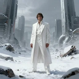 a somber futuristic man dressed in white, standing in a desolate snowy wasteland amid ruins of a futuristic city, insane, intricate, highly detailed, digital painting, artstation, concept art, smooth, sharp focus, illustration, Unreal Engine 5, 8K, art by ralph mcquarrie  —H 896 —C 8.0 —n 9 —i —s 150