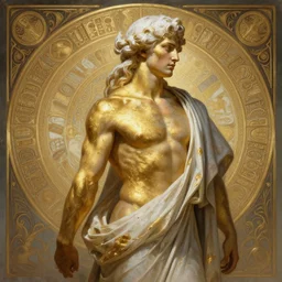 painted back portrait of rugged female zeus greek god by greg rutkowski craig mullins artgerm alphonse mucha, messy gold body paint, white hair handsome muscular upper body mature flowing robe [ ancient greek motifs ] background fantasy intricate elegant detailed digital painting concept art artstation sharp focus illustration