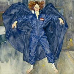 wide angle full body portrait of ripley slipping out of her jumpsuit, watercolor, masterpiece, by Egon Schiele