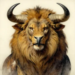 a creature with the body and eyes of a man, beak of an eagle, the mane of a lion, two horns of an ox on the head. drawn by frank frazetta