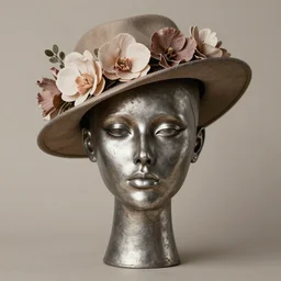 a head made out of metal, neutral palette, makeup, 1 9 3 0 style, it is wearing a hat with flowes, vogue cover style, greg rutkowski style