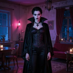 cobie smulders posing as a vampire in gothic clothing in a rustic apartment lit by neon lights during night