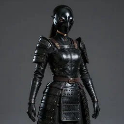 female adventurer in tight full - body black leather armor of japanese design and a black porcelain crow mask, trending in artstation, establishing shot