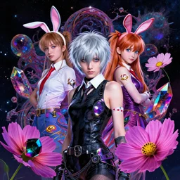 rei ayanami, deep space, seascape, grimes, silver hair, shikinami asuka langley, card captor sakura, bunny ears, cosmos, psychedelic flowers, black opal, rainbow aura quartz, organic, oni compound artwork, of character, render, artstation, portrait, wizard, beeple, art, fantasy, epcot, psychedelic glitchcore