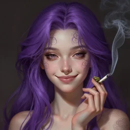 portrait of a young girl, nose ring, upper body, purple hair, long hair, joyful smirk, intricate, smoking weed, elegant, highly detailed, digital painting, artstation, concept art, matte, sharp focus, illustration, art by artgerm and greg rutkowski and alphonse mucha