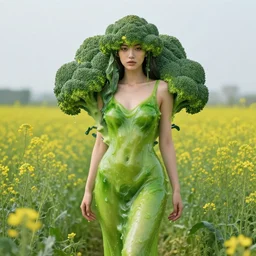 the sensual broccoli - goddess wearing green slime, standing in a field of wildflowers