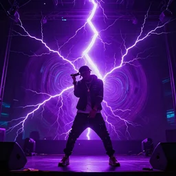 purple lightning strikes while rapper performs on stage, psychedelic light show, digital art, vapor wave, hip hop, surreal, trending on Artstation, professional artist, detailed, 4k
