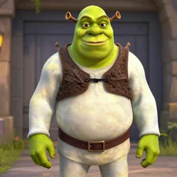 Shrek wearing a hazmat suit
