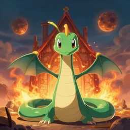 digital art view of the latios the serpent standing in front of burning house looking at camera celebi asteroid ill