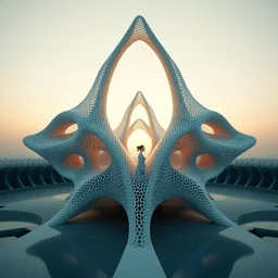 fluid generative cellular architecture, woman standing, super architecture concept by zaha hadid, symmetry
