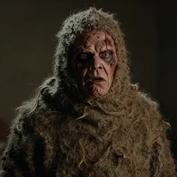 a film still from a horror movie featuring a monster, scars on his face, made out of wool