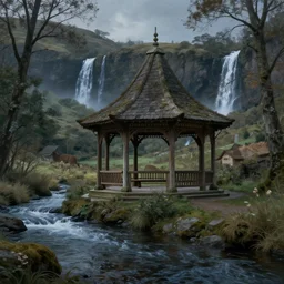 The Pavilion near a river in Rivendell, waterfalls in the background, evening, detailed matte painting, cinematic, Alan Lee, Artstation