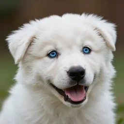 hyper - realistic close up portrait of a happy white puppy with blue eyes, photorealism, portrait photography, volumetric lighting, insanely detailed, artstation, 4 k, 8 k