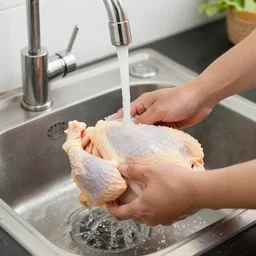 man washing raw chicken in the sink