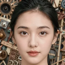 closeup headshot photo of the young adult woman, overly decorated intricate background props and photography by Gregory Crewdson