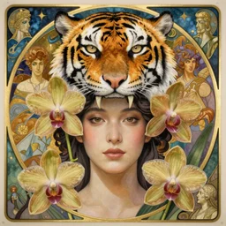 realistic detailed face of the beautiful goddess of orchids wearing a giant tiger head headdress by alphonse mucha, ayami kojima, amano, greg hildebrandt, mark brooks, and ernst haeckel, golden ratio, art nouveau, neo - gothic, gothic, neoclassical,