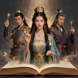 hyperrealistic portrait of a female and three male characters summoned from inside a book like genies, aesthetic!!, trending on artstation, detailed digital art