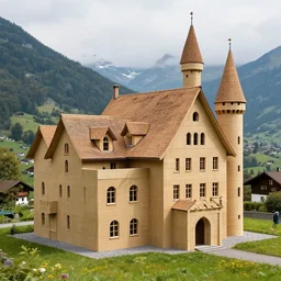 a massive house made of giant cards whose shape entirely looks like a castle. designed by a good architect. switzerland in the background