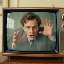 a photo of a famous actor trapped inside a television trying to escape, very sharp and detailed 8k photorealistic image, in the style of Wes Anderson
