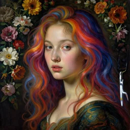 a closeup portrait of one beautiful kpop goddess with swirling vivid coloured hair and a wall of flowers in the background, painted by botticelli, rachel ruysch, vermeer and ambrosius bosschaert, hyperrealism, dark, dramatic lighting, swirly paint, analogous complementary colour scheme, trending in artstation, octane, rendered