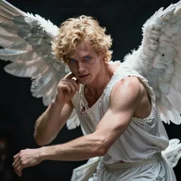 a beautiful handsome fair pale blue eyed blonde male angel falls to sin with evil in his eyes. frantic poses. dynamic pose. lost. despair. epic. surrealism. dramatic lighting. epic cinematic. realistic. highly detailed. medium shot. rhads. bussiere. shigenori soejima.