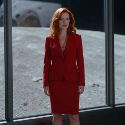 a still from the move 2 0 4 9 depicting a beautiful redheaded businesswoman in a tailored red suit standing next to a plate glass window. outside we saee the surface of the moon. sci fi, futuristic, cinematic, soft lighting photography by fred palacio medium full shot, sci fi, bladerunner, canon eos r 3, f / 3, iso 2 0 0, 1 / 1 6 0 s, 8 k, raw, unedited