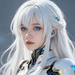 detailed portrait of perfect white haired girl, android, warframe armor, beautiful, dreamy, pretty face, blue cyborg, eyes, scifi, 4 k, blue, gold, sun yunjoo, ultra realistic, aura of light, cinematic lighting, highly detailed, sharp focus, masterpiece, art by akihito tsukushi