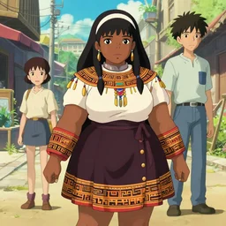 a beautiful! plus sized instagram model, brown skin, wearing catholic school girl outfit with mayan pattern and native style, jrpg aztec street fashion, gapmoe yandere grimdark, trending on pixiv fanbox, painted by greg rutkowski makoto shinkai takashi takeuchi studio ghibli, akihiko yoshida