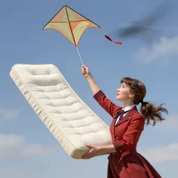 mary poppins holding a two - line mattress kite being blown to the sky by the strong wind. 3 d octane render