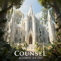 white council in rivendel gardens, epic masterpiece of cinematographic hyperrealism, realistic shaded lighting poster by craig mallismo, artgerm, jeremy lipkin and michael garmash, unreal engine, radiant light, detailed and intricate environment, digital art, art station trends