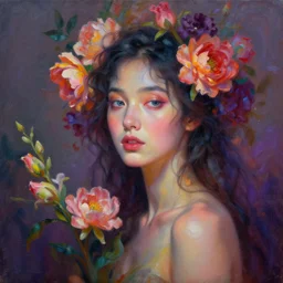 goddess of flowers. colorful atmospheric lighting. detailed matte portrait painting by greg rutkowski.