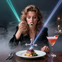 kelly lebrock eating gourmet food, molecular gastronomy, in the style of 8 0 s movie poster artwork, fog, lasers, cocktails