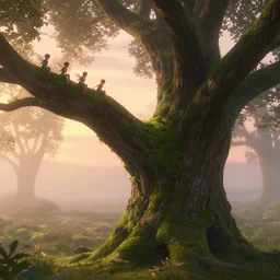 fairies on a mossy tree, early morning, sunset, misty, volumetric lighting, matte painting, artstation, pixar