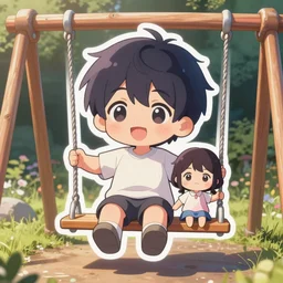 die cut sticker of anime chibi kawaii cute boy and girl on a swing set