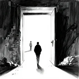 walking towards a portal, 2 meters, black and white illustration, by james jean and wayne barlowe and moebius