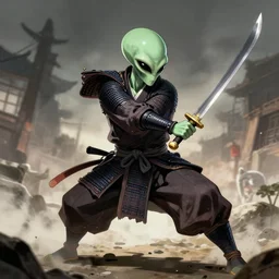old alien samurai attacking with his sword