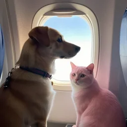 a photograph of a dog looking out of an airplane window, sitting next to a pink cat, midday photograph, 4 k, award winning