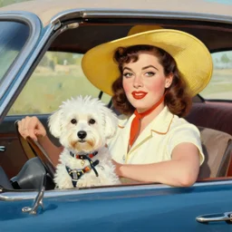 a pin up driving with her white dog and big hat, award winning, 1 9 5 0 s painting