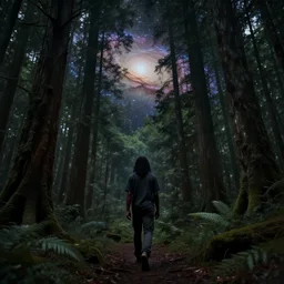 a black man with long curly hair, with his back turned, walking into a deep dark florest, Andromeda Galaxy on the background sky, very realistic digital art, wide panoramic shot, 8k, 4k, realistic, detailed, artstationHD, artstationHQ
